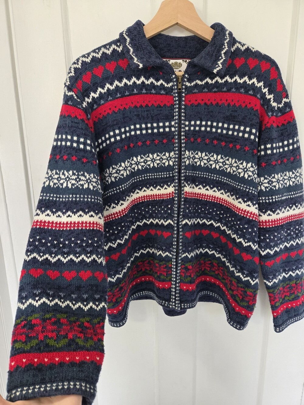Womens Nordic Knit Zip Cardigan Size L Fair Isle Sweater Winter Hearts Snowflake